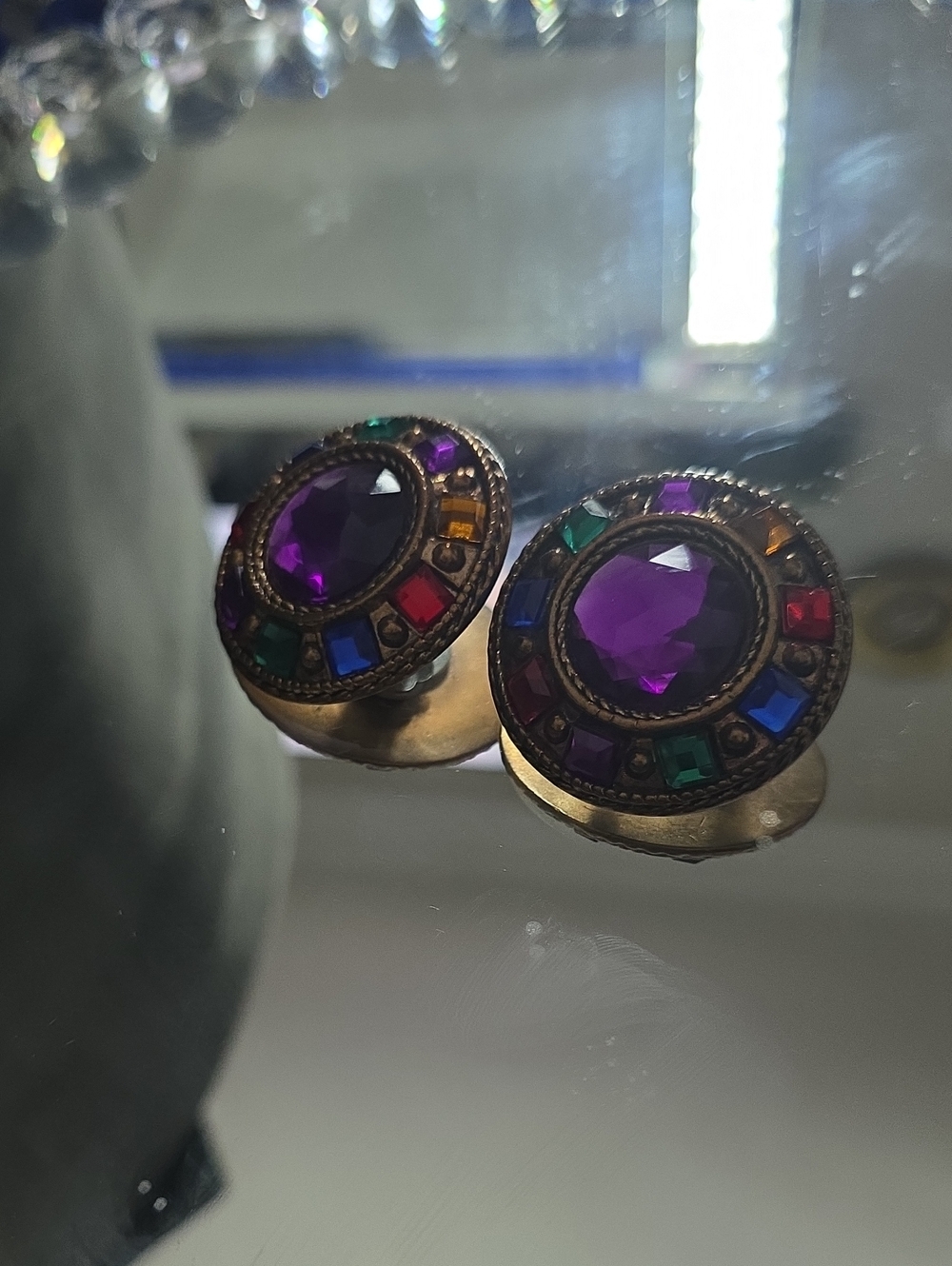 Vintage Gold Tone Clip Earrings with Purple and Multicolor Accents
